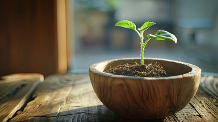 Artistic display of a fresh sunflower seedling in a wooden bowl, illuminated by natural daylight on a wooden tabletopの素材