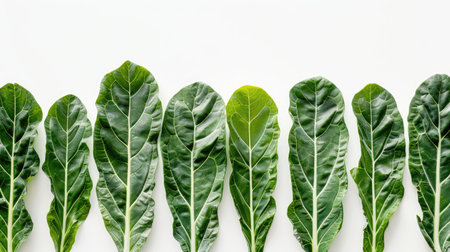 Close-up of exotic palm kale leaves arranged neatly against a pristine white backgroundの素材