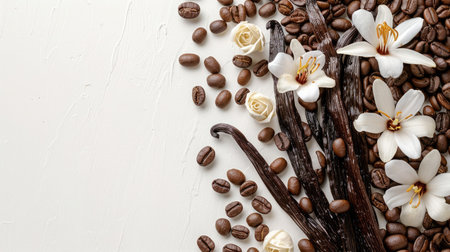 Detailed shot of vanilla blooms and coffee beans, capturing their natural beauty against a white backdropの素材