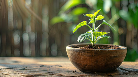 Elegant display of a young sunflower seedling in a rustic wooden bowl, placed on a natural wood tabletop under natural illuminationの素材