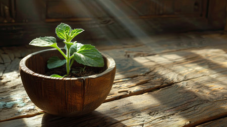 Elegant composition of a sunflower seedling in a wooden bowl on a wood surface, with soft sunlight accentuating its greeneryの素材