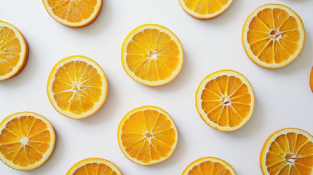 Close-up of orange slices laid out on a clean white table, forming a bright and refreshing backgroundの素材