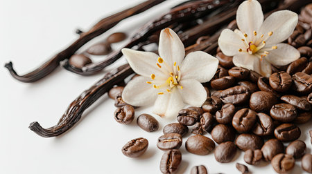 Close-up of vanilla blossoms and a heap of coffee beans, creating a beautiful contrast on a white backgroundの素材