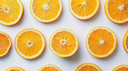 Close-up of orange slices laid out on a clean white table, forming a bright and refreshing backgroundの素材