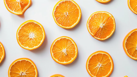 Close-up of fresh orange slices spread out on a white table, creating a bright and refreshing backgroundの素材