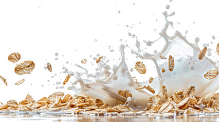 Dynamic oat flakes and milk splash scene, isolated on a clean white backdropの素材