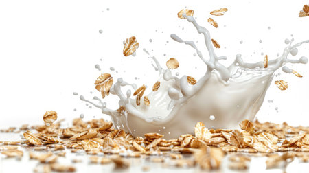 Artistic capture of oat flakes and milk splash, isolated perfectly on a white backdropの素材