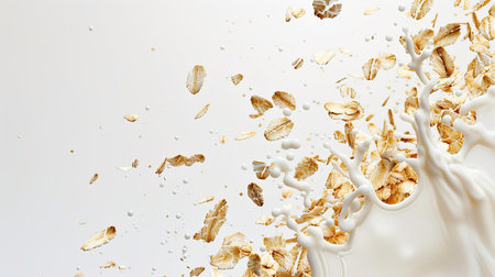 Dynamic image of falling oat flakes and milk splash on a crisp white backgroundの素材