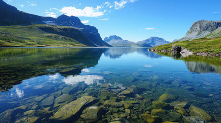 A tranquil lake reflecting the surrounding mountains and a clear blue skyの素材