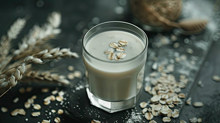 Creamy oat milk in a glass on a dark rustic surface, with oats scattered artistically aroundの素材