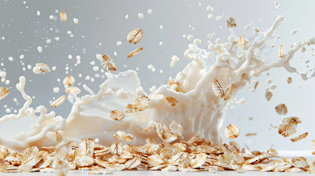 Dynamic shot of oat flakes falling with a splash of milk against a pristine white backgroundの素材