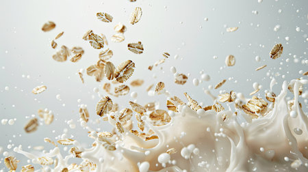 Dynamic shot of oat flakes falling with a splash of milk against a pristine white backgroundの素材