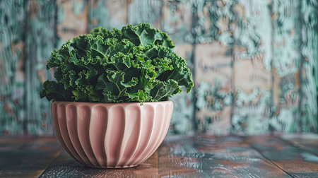 Freshly picked green kale in a fashionable pink bowl, highlighting the contrast against a wooden tableの素材