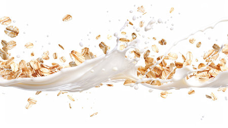 Oat flakes in mid-air with milk splashing, isolated on a clean white backdropの素材