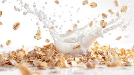 High-speed capture of oat flakes falling with a milk splash, isolated on whiteの素材