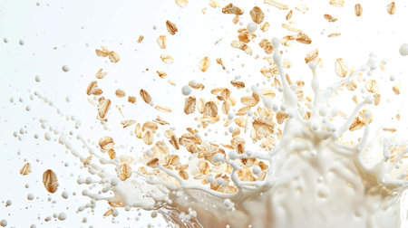 High-speed capture of oat flakes and milk splash, perfectly isolated on a white backgroundの素材