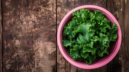 Top-down view of vibrant green kale leaves in a pink bowl, adding color to a natural wood backdropの素材