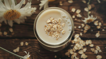 Glass of creamy oat milk on a dark wooden table, with oat clusters and a rustic ambianceの素材