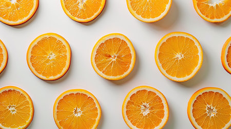 Orange slices arranged in a symmetrical pattern on a white table, forming a zesty food backdropの素材