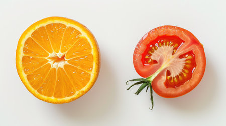 Whole orange fruit and a vibrant tomato slice side by side, isolated on a white backgroundの素材