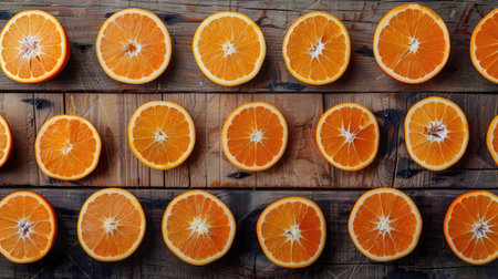Slices of oranges arranged in a creative pattern on a wooden table, forming a colorful food backdropの素材