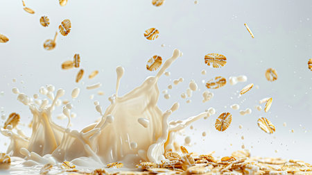 High-speed capture of oat flakes falling with a milk splash, isolated on whiteの素材