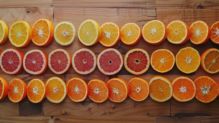 Slices of oranges arranged in a creative pattern on a wooden table, forming a colorful food backdropの素材