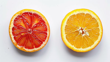Orange and tomato slice arranged side by side, creating a vibrant visual on whiteの素材