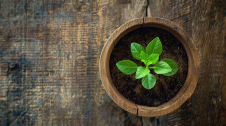 Top-down perspective of a vibrant sunflower seedling in a wooden bowl, showcasing its freshness under natural light on woodの素材