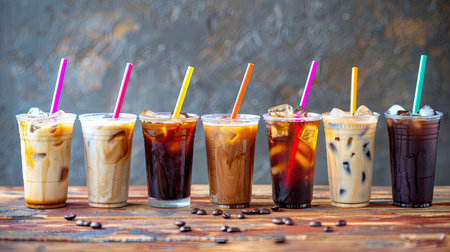Assorted iced coffee beverages in transparent cups with colorful straws, perfect for a refreshing summer menuの素材