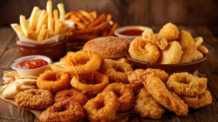 Assortment of fast food delights including onion rings, fries, nuggets, and crispy chicken, arranged to tempt taste budsの素材