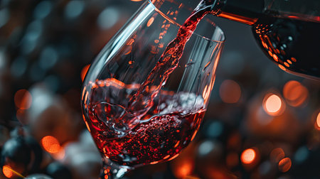 Artistic shot of red wine pouring into a crystal goblet, showcasing its vibrant splashの素材