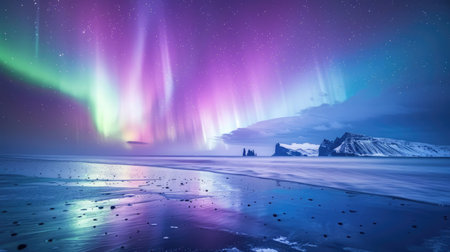 Aurora borealis casting its colorful glow over a tranquil frozen sea coast, capturing the magic of Arctic nightsの素材