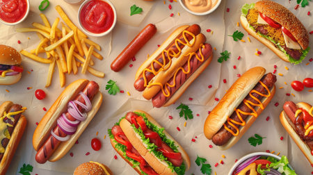 Collection of delicious fast food meals including hot dogs, burgers, and fries, ready for a quick mealの素材