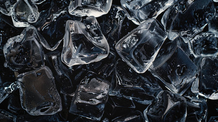 Close-up of ice cubes in various shapes, ideal for a detailed and abstract textured backgroundの素材
