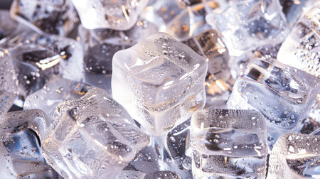 Close-up of crystal-clear ice cubes creating a refreshing and cool background textureの素材