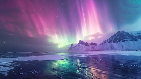 Breathtaking Aurora borealis phenomenon over an Arctic ocean coast, with colorful lights dancing in the nightの素材