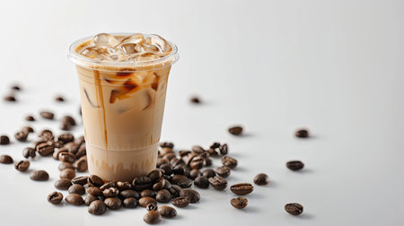 Close-up of latte ice coffee and coffee beans on a clean white backdrop, capturing coffee enjoymentの素材