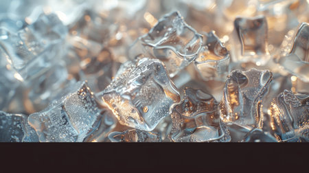 Close-up of ice cubes in various shapes, forming a textured and abstract backgroundの素材