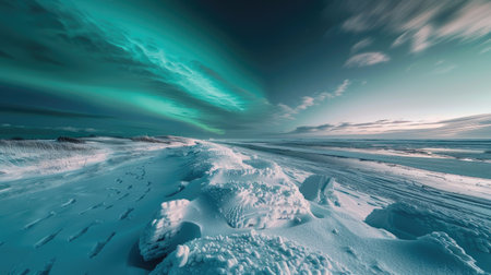 Aurora borealis illuminating the sky above a serene frozen sea coast, creating a magical winter seascapeの素材