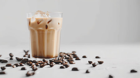 Close-up of latte ice coffee with coffee beans on a minimalist white surface, ideal for coffee-themed designsの素材