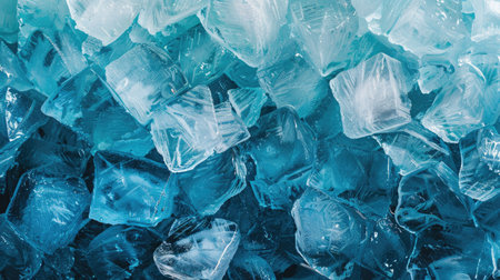 Close-up of ice cubes in various shapes, creating an abstract and textured backgroundの素材
