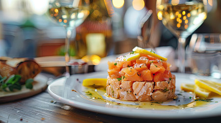 Detailed view of raw salmon tartare with toast sauce and lemon slices, paired with a glass of white wine, in a beautifully blurred restaurant environmentの素材