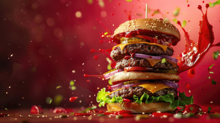 Extraordinary tall burger featuring stacked ingredients on a striking red background, perfect for burger enthusiastsの素材