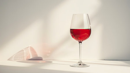 High-key photograph of a red wine glass in sharp focus on a plain white backgroundの素材