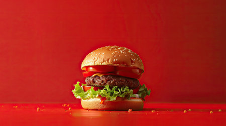 Huge hamburger showcasing its impressive height against a vibrant red backdrop, perfect for burger enthusiastsの素材