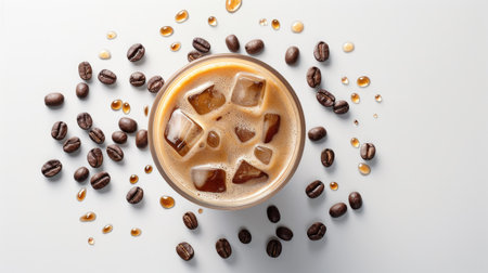 Iced latte coffee and coffee beans on a white background, perfect for coffee shop menusの素材