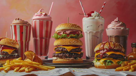 Fast food assortment featuring cheeseburgers, fries, and milkshakes, perfect for a quick and tasty mealの素材