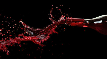 High-speed photograph of red wine pouring, capturing the dramatic splash and movementの素材