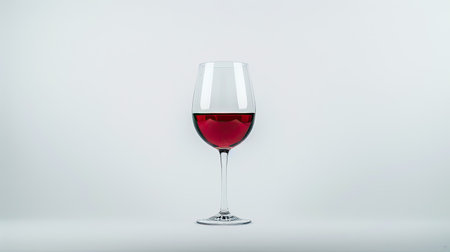 High-key photograph of a red wine glass in sharp focus on a plain white backgroundの素材